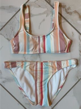 Xhilaration Pastel Multi-Stripe Scoop Bikini Set cream peach Top XS, Bottom S